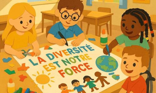 Quatre enfants créent une charte anti‑racisme dans une salle de classe lumineuse : Léa (≈8 ans, longs cheveux blonds, robe jaune) assise à gauche découpe des formes colorées, Tom (≈8 ans, châtain, lunettes rondes, chemise bleue) au centre écrit à gros feutre, Samira (≈8 ans, tresses colorées, tee‑shirt vert) à droite dessine un globe avec des enfants de différentes couleurs, et Julien (≈9 ans, en fauteuil roulant, short rouge) légèrement devant à droite pointe une règle où est écrite « Nous écoutons avant de juger » ; sur la grande feuille presque aussi large que la table on voit des tâches de peinture, papiers découpés, silhouettes d’enfants collées, un grand soleil jaune et la phrase « La diversité est notre force », ambiance joyeuse et collaborative.