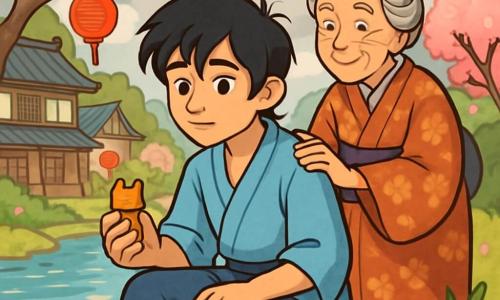 Yori, un jeune homme de seize ans, est assis sur une pierre au bord d'une rivière scintillante. Ses cheveux noirs tombent sur son front inquiet, et ses yeux brillent d'espoir et de curiosité. Il porte un kimono de lin bleu clair et tient un netsuke en forme de renard, regardant l'eau avec détermination. À ses côtés, grand-mère Chiyo, une femme âgée au dos voûté, l'observe avec bienveillance, posant une main sur son épaule pour lui transmettre sa sagesse. Le cadre est un village japonais pittoresque avec des maisons en bois et des lanternes rouges. La rivière, bordée de cerisiers en fleurs, reflète le ciel gris, créant une atmosphère paisible. Yori contemple la rivière tandis que Chiyo lui parle des mystères du vent et de la sagesse à venir, l'air étant chargé de promesses et d'émotion.