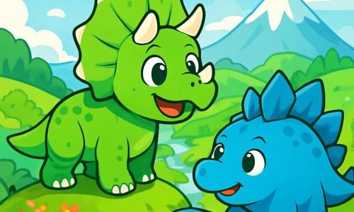 Un jeune tricératops nommé Tricéo, avec une peau verte éclatante et des cornes blanches, se tient au sommet d'une colline, émerveillé et curieux, tandis qu'un stégosaure nommé Glacius, aux plaques dorsales bleu cristallin et à l'expression amicale, l'encourage en pointant vers la vallée verdoyante. Le paysage est une vallée magnifique, avec des fleurs colorées, des cascades scintillantes et des montagnes enneigées sous un ciel bleu clair parsemé de nuages blancs. Tricéo et Glacius sont prêts à explorer ce nouveau monde, entourés de la beauté de la nature, dans une ambiance d'aventure et de découverte.
