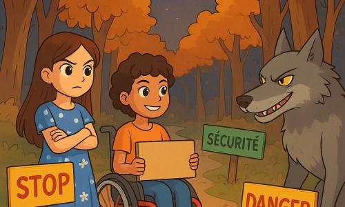 Trois personnages se trouvent dans la Forêt des Murmures : Noémie, une fille de 10 ans aux longs cheveux bruns et à la robe bleue à fleurs, se tient à gauche, déterminée face au loup. Mila, également âgée de 10 ans, est assise dans une chaise à roues brillante au centre, souriante, tenant un panneau en bois. Le loup, grand et rusé, se tient à droite, prêt à convaincre les filles. La scène est éclairée par la douce lumière de la lune, créant une ambiance mystérieuse, alors que les filles affichent des messages de protection face aux promesses séduisantes du loup.