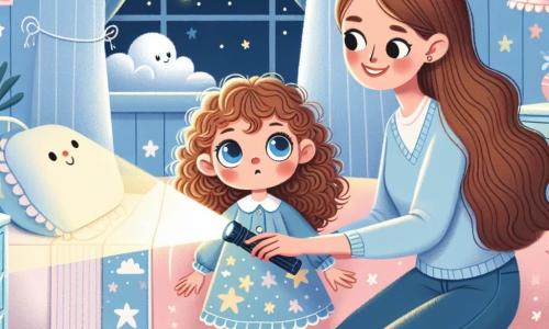 Lila, une petite fille de 4 ans aux grands yeux brillants et aux cheveux bouclés, se tient au centre de sa chambre, inquiète mais curieuse, tenant une lampe de poche qui éclaire des étoiles dessinées sur le mur. Sa maman, douce et d’environ 30 ans, s’agenouille à côté d'elle pour lui montrer comment la lumière chasse les ombres, lui souriant chaleureusement. La chambre, décorée de couleurs pastel avec des murs bleu clair et des rideaux à motifs de nuages, comprend un lit douillet recouvert d’une couverture étoilée et une veilleuse en forme de lune. Lila, un peu effrayée par le noir, se sent rassurée par la lumière de la lampe de poche et l’amour de sa maman, alors qu’elles dessinent des étoiles ensemble sur le papier.