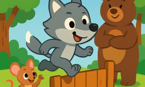 Un petit loup joyeux nommé Loulou, au pelage gris et aux yeux déterminés, se prépare à sauter par-dessus une haie en bois, souriant avec excitation. À côté, une petite souris, Mimi, l'encourage en levant une patte, perchée sur une pierre. Un grand ours, Bruno, se tient en arrière, souriant et prêt à applaudir. La scène se déroule dans une forêt verdoyante avec des arbres majestueux, des fleurs colorées et un ciel bleu. Loulou, courageux, prend son élan pour relever son défi, soutenu par ses amis.