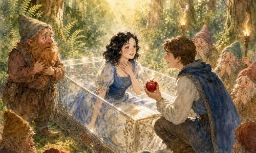 Blanche-Neige se réveille doucement dans un cercueil de verre au centre d'une clairière, yeux mi-clos et sourire timide, cheveux noirs bouclés, peau très pâle, robe bleue et blanche tachée de poussière, une pomme rouge glissant hors de sa gorge; le prince, jeune homme d'environ 22 ans, genoux près du cercueil, la regarde soulagé et émerveillé en tenant une pomme rouge brillante; un nain trapu à barbe rousse, les autres nains accroupis et stupéfaits tenant des torches, entourent la scène; la forêt dense de fougères et de pins baigne la scène d'un éclairage doré; style aquarelle délicat, couleurs douces et contours flous, atmosphère tendre et magique.