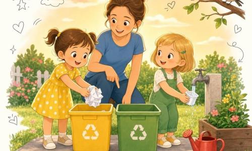 Trois personnages dans un jardin en fin d'après-midi : Lila, 3 ans, cheveux bruns en couettes, robe jaune à pois blancs, glisse un papier froissé dans le bac jaune ; Zoé, 3 ans, cheveux blonds courts, salopette verte, tient une boîte de yaourt rincée sous un filet d'eau et regarde Lila ; Maman, 30 ans, cheveux attachés, t-shirt bleu, les guide en souriant près d'un bac vert, d'un arrosoir rouge et de petites fleurs sous un ciel orangé.