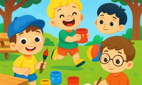 Quatre enfants sont présents : Lucas, 3 ans, cheveux bruns, casquette bleue, t-shirt jaune, souriant avec un pinceau ; Hugo, 3 ans, cheveux blonds, t-shirt vert, sautillant avec un pot de peinture rouge ; Max, 3 ans, cheveux châtains, lunettes rondes, t-shirt orange, assis en train de peindre un arbre ; Tom, 3 ans, cheveux noirs, t-shirt bleu clair, tenant un ballon coloré. Ils se trouvent dans un parc ensoleillé, entourés de verdure, avec des tables en bois et des pots de peinture. Les enfants peignent ensemble, riant et s'amusant, créant une atmosphère joyeuse.