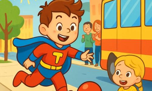 Un super-héros nommé Tom, portant une cape bleue et un sourire joyeux, court après un ballon rouge qui roule. À côté de lui, une petite fille de 6 ans, avec des cheveux blonds tressés et une robe jaune à pois, l'observe avec émerveillement. La scène se déroule dans une rue animée, sous un ciel bleu et ensoleillé, avec des bâtiments colorés et des passants souriants. Tom tente d'attraper le ballon avant qu'il ne roule sous un bus, tandis que les gens autour applaudissent, créant une ambiance festive.