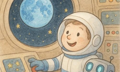 Un astronaute joyeux et émerveillé appuie doucement sur un bouton en regardant la Lune bleue par une grande fenêtre ronde; il porte un casque blanc brillant, une combinaison avec bandes bleues et des gants épais, son visage souriant visible derrière la visière; à sa droite, un petit robot nommé Pip, de la taille d'un panier, au corps métallique mat et aux yeux bleu-vert lumineux, clignote près du tableau de commandes; l'intérieur de la fusée, chaleureux, présente panneaux colorés, boutons rouges et verts et écrans étoilés, tandis que la fenêtre ovale montre une Lune bleue texturée et des étoiles dorées; la scène montre l'homme préparant le tir, contemplant la Lune dans une lumière douce et une atmosphère calme et pleine d'émerveillement.