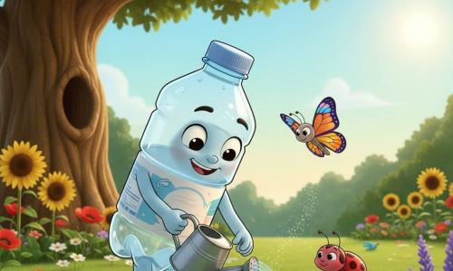 Camille, une petite bouteille d'eau anthropomorphe bleu pâle au large sourire, arrose délicatement de jeunes pousses avec un arrosoir en métal, entourée de ses amis Lili la coccinelle rouge à pois noirs et Paul le papillon multicolore, tandis qu'un vieux chêne rassurant se dresse en arrière-plan et que le jardin en lisière de forêt, parsemé de fleurs vives, baigne sous un doux soleil matinal ; ambiance optimiste, couleurs saturées et éclairage chaud.