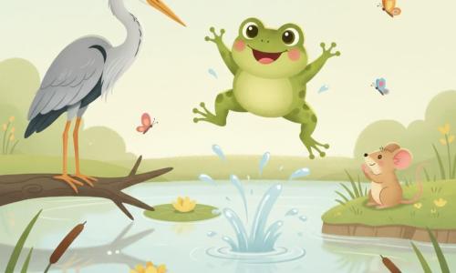 Petite grenouille verte ronde saute joyeusement au-dessus d’un étang ensoleillé, un héron gris sur une branche à gauche la regarde bienveillant et une souris beige à droite applaudit, nénuphars, fleurs et papillons ajoutent une ambiance chaleureuse et lumineuse.