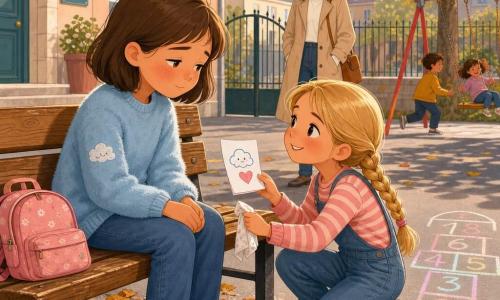 Louise, 10 ans, l’air fatigué mais apaisé, joues rosées, yeux mi-clos et cheveux bruns au carré, est assise sur un banc en bois, mains sur les genoux, vêtue d’un pull bleu ciel avec un petit nuage brodé; Zoé, 10 ans, blonde en tresse et souriante, agenouillée à côté d’elle, lui tend un dessin (un nuage souriant et un cœur) et un mouchoir en geste d’amitié; la maman de Louise, vers 35 ans, cheveux châtains attachés et manteau léger, se tient en retrait près de la grille de l’école, souriante et rassurante; la cour de récréation présente un sol en bitume clair avec une marelle à la craie, une balançoire, des bâtiments aux tons pastel et un arbre, la lumière du matin crée des ombres nettes et une atmosphère tendre et protectrice.