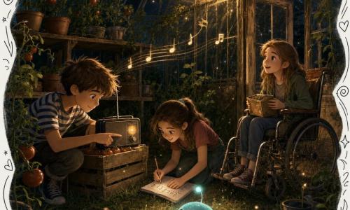 Trois enfants dans une vieille serre la nuit : Sami (11 ans, cheveux bruns en bataille, t-shirt rayé) accroupi près d’une caisse de tomates avec une petite radio qu’il ajuste, Lina (11 ans, cheveux longs en queue) penchée, carnet et crayon, dessinant des signaux, et Zoé (presque 12 ans, cheveux châtain clair) en fauteuil roulant vintage près de la porte, tenant une boîte de biscuits et souriant. La serre au toit de verre, étagères de pots et caisses empilées, est baignée d’une lumière ambre; dehors un cerisier et un ciel étoilé. Devant la serre, un cercle lumineux à la craie révèle une petite créature extraterrestre turquoise pâle, ronde, aux grands yeux brillants et à l’antenne clignotante, flottant au-dessus de l’herbe tandis que des bips radio forment une petite mélodie, créant une ambiance émerveillée, calme et chaleureuse.