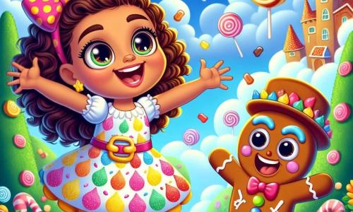 Une fille de 12 ans, Léa, avec des cheveux bruns bouclés et des yeux curieux, se tient au milieu d'un chemin de marshmallows. Elle porte une robe colorée à motifs de bonbons et sourit largement, les bras ouverts. À ses côtés, Monsieur Croquant, un bonhomme en pain d'épices avec un chapeau en caramel, saute de joie. En arrière-plan, un château en pain d'épices brille sous un ciel bleu avec des nuages en barbe à papa, tandis qu'une rivière de chocolat chaud serpente à travers des collines de crème chantilly. La scène montre Léa et Monsieur Croquant s'amusant ensemble, entourés de créatures fantastiques, sous une pluie de bonbons colorés, créant une atmosphère joyeuse et magique.
