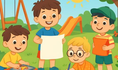 Quatre enfants sont réunis dans le jardin ensoleillé de Tom. Tom, 8 ans, cheveux bruns, souriant, tient un rouleau de papier. Maxime, 7 ans, cheveux blonds, lunettes rondes, dessine un soleil assis par terre. Léo, 9 ans, cheveux noirs, casquette verte, est debout à droite avec un coussin pour construire un château. Sami, 8 ans, cheveux châtains, prépare des biscuits sur une table à gauche. Ils s'activent à préparer une surprise pour les parents de Tom, entourés de fleurs colorées et d'une ambiance joyeuse.