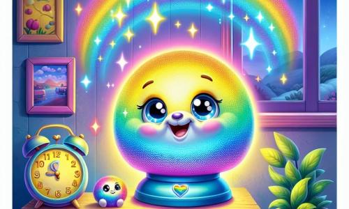 Au centre de l'image, une lampe nommée Lila brille de plusieurs couleurs : bleu, jaune, rose et vert. Elle est ronde, souriante, et perchée sur une étagère en bois, illuminant les murs de arcs-en-ciel scintillants. À côté, un réveil nommé Max, amical et avec des aiguilles dorées, fait 