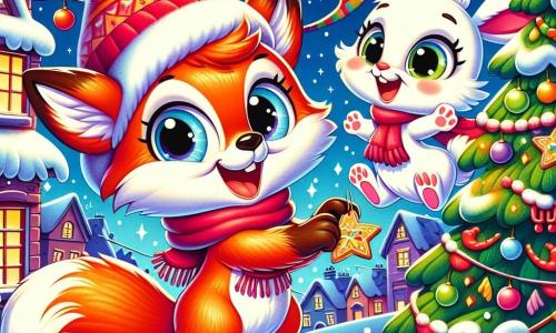 Rouxy, un petit renard au pelage roux et aux yeux pétillants, porte une écharpe rouge et un bonnet à pompon. Il sourit en accrochant une guirlande colorée autour d'un grand sapin de Noël. À ses côtés, Louna la lapine, au pelage blanc et aux grandes oreilles, saute de bonheur avec un biscuit en forme d'étoile. Le décor est un village enneigé avec des maisons aux toits couverts de neige, des lumières scintillantes et un ciel étoilé. Rouxy et Louna, entourés d'amis, décorent le sapin dans une ambiance festive.