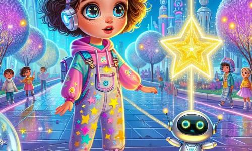 Une petite fille de 7 ans, Lila, aux longs cheveux bruns et aux yeux curieux, se tient au centre d'une scène futuriste. Elle porte une combinaison colorée avec des motifs d'étoiles et un petit sac à dos en forme de robot. Son visage exprime l'émerveillement devant un hologramme en forme d'étoile qui flotte devant elle. À ses côtés, un petit robot nommé Spark, avec un corps argenté et des yeux lumineux, projette des images holographiques de la ville. Plus loin, un hologramme nommé Stella, ressemblant à une étoile scintillante, guide Lila avec une voix douce. La scène se déroule dans le parc central de Néotopia, un endroit vibrant avec des arbres luminescents et des sculptures futuristes. Des voitures volantes passent au-dessus, tandis que des enfants jouent avec des drones colorés. Lila, fascinée, appuie sur un bouton lumineux, déclenchant des hologrammes dansants autour d'elle, créant une atmosphère magique.