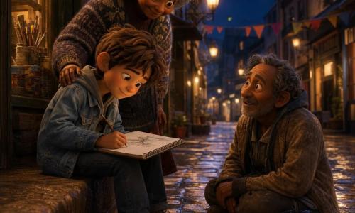 Léo, un garçon d’environ 11 ans assis sur un petit muret, visage concentré et tendre, sourire timide, cheveux châtain clair en mèches désordonnées, veste en jean légère, carnet de dessin ouvert sur les genoux et crayon graphite à la main, penché vers la page; Mamie, femme d’environ 70 ans, debout en retrait, cheveux gris bouclés et pull à motifs, main posée sur l’épaule de Léo en soutien discret; un homme d’environ 60 ans assis sur un sac en plastique sur le trottoir, manteau usé, posture calme et légèrement courbée, regard doux mais fatigué, observant Léo avec surprise; lieu : trottoir du quartier des Arts la nuit, pavés brillants de pluie, lampadaires jaunes chauds, fanions colorés entre les bâtiments et devanture d’atelier éclairée avec pots de peinture visibles; situation : Léo dessine l’homme à la lueur tamisée des lampadaires, traits de crayon visibles, ombres longues, atmosphère intime et chaleureuse aux tons de bleus profonds, ocres chauds et touches de lumière dorée.