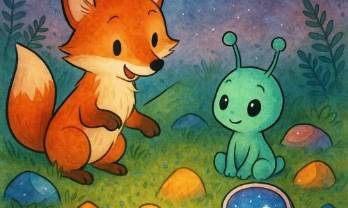 Renard roux au pelage lumineux, oreilles fines et grande queue touffue, tenant un petit dessin et pointant du museau un rocher qui s’allume ; petit extraterrestre vert menthe taille lapin, antennes frémissantes et grands yeux émerveillés, assis près d’une boîte ronde ouverte à surface nacrée qui émet une douce lumière bleue et clignote comme un petit vaisseau ; plaine aux rochers lumineux, herbe verte, mousse et fougères, ciel crépusculaire étoilé ; scène complice où le renard et l’extraterrestre apprennent à compter pour réveiller un rocher éteint, atmosphère chaleureuse et magique, rendu en encre noire nette et lavis aquarelle aux couleurs vives avec lumière intérieure des pierres accentuée.