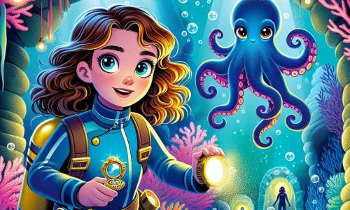 Mila, une fille de 12 ans aux cheveux bruns et ondulés, porte une combinaison de plongée bleu marine. Son visage exprime détermination et curiosité alors qu'elle tient une lampe torche et un médaillon. À ses côtés, Otho, un poulpe bleu éclatant, flotte dans l'eau avec une posture amicale. Ils se trouvent dans une grotte sous-marine majestueuse, illuminée par des parois de corail phosphorescent. Des bulles d'air créent une atmosphère magique. Devant une porte de pierre ornée de symboles mystérieux, Mila est prête à résoudre une énigme pour atteindre la Perle d’Ambre, tandis qu'une lueur dorée émane d'un coffret au centre de la salle.