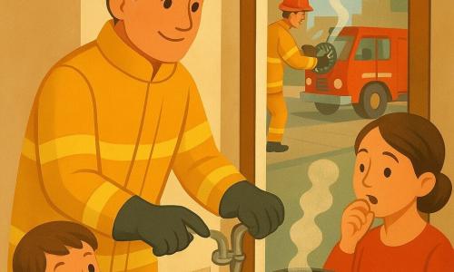 Un pompier calme et rassurant au visage souriant et casque rouge coupe la manette du gaz et ouvre grand la fenêtre pour aérer; un garçon d'environ 5 ans, Léo, en pyjama rayé, l'observe, une voisine au cheveux attachés tousse légèrement en souriant en tenant une casserole fumante sur le pas de la porte, un autre pompier en arrière-plan oriente un petit ventilateur vers la fenêtre; la scène se déroule dans une cuisine simple et chaleureuse (carrelage clair, table ronde, rideau à fleurs flottant) donnant sur la rue où l'on devine un camion rouge à gyrophares, atmosphère douce et sécurisante, couleurs chaudes et formes arrondies.