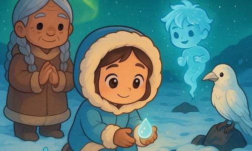 Aila, jeune femme inuit au visage rond et souriant malgré sa concentration, en parka bleu pâle bordée de fourrure crème, genoux dans la neige, tient une petite goutte translucide scintillante au-dessus d'une fissure de la banquise prête à la poser; Anaana Sila, chamane d'environ 60 ans aux cheveux argentés en tresses et au visage ridé mais chaleureux, se tient en retrait à gauche, mains jointes, fière et soulagée; Ukaliq, esprit espiègle en garçon de brume bleue et givre, flotte au-dessus de la fissure, curieux; Tarqaq, grand corbeau blanc aux plumes lumineuses, est perché sur un rocher à droite avec une perle de glace dans le bec; la scène se déroule sur une banquise nocturne sous une aurore verte et dorée, neige bosselée et roches noires, une large fente sombre exhale un souffle glacé et une petite mare reflète l'aurore; moment tendre et magique où Aila pose la larme de Sedna pour refermer la cicatrice de la terre, ambiance paisible aux couleurs froides rehaussées par la flamme bleue de sa lampe et la chaleur brillante de la larme, style mignon aux traits arrondis et textures neigeuses détaillées.