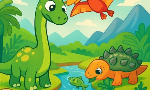 Un jeune diplodocus nommé Dino, avec une peau verte et des taches jaunes, se tient au bord d'une rivière scintillante, curieux des poissons colorés qui sautent. Un ptérodactyle aux ailes brillantes et un petit ankylosaure grignotant des fougères l'observent. Le décor est une vallée verdoyante entourée de montagnes, avec des fougères géantes et des rochers brillants. Dino, intrigué, est prêt à explorer ce nouvel environnement fascinant.