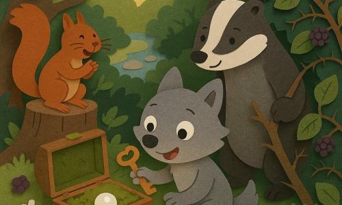 Petit Loup, jeune loup anthropomorphe au pelage gris et tache blanche sur le front, yeux ronds et sourire émerveillé, est agenouillé devant une boîte de mousse ouverte contenant une petite pierre blanche lumineuse et un rouleau de papier, tenant une clé en bois; à gauche, un petit écureuil roux perché sur une souche applaudit, à droite un blaireau noir et blanc au regard bienveillant tient une branche-crochet pour écarter les ronces; le buisson de mûres est dense avec feuilles vert foncé, mûres pourpres brillantes et quelques fruits tombés, le sol est couvert de mousse verte, feuilles brunes et petites fleurs blanches, un ruisseau aux galets scintille en arrière-plan, la lumière douce filtre en taches de soleil et la palette chaude de verts, bruns, rouges et violets crée une scène simple, lisible et pleine d'émerveillement pour les enfants.