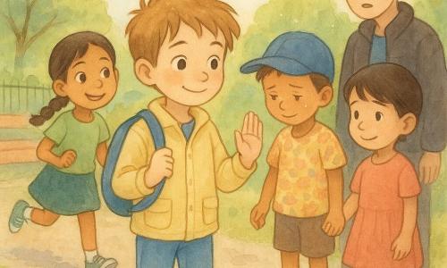 Léo, 6 ans, cheveux châtain clair en bataille, yeux marron, veste jaune pâle et petit sac bleu, se tient debout, main tendue et calme pour défendre une fille ; Mina, 6 ans, tresse noire et chaussures rouges, tient la main de Léo et le soutient fièrement ; Tom, 6 ans, casquette bleue, timide et avec une trace de larme, est à droite, encourageant du regard ; Samir, 6 ans, porte une robe légère à motifs et sandales, rit doucement derrière eux ; la fille moquée, ~7 ans, cheveux courts et baskets vertes, reprend sa course souriante vers le parc. Scène sur un trottoir devant un petit parc printanier (bancs, arbres, grille d'école ouverte), ciel pastel ; moment de résolution et d'empathie, composition centrée et chaleureuse.