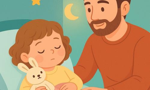 Fille de 2 ans au visage rond et joues roses, cheveux bouclés châtain clair, en position de « yoga du chat » partiellement allongée sur le lit, tenant contre sa joue un petit doudou lapin crème aux yeux brodés et une main sur le ventre en respirant calmement; à droite, le père d'environ 35 ans, barbe douce et cheveux bruns courts, assis au bord du lit, souriant et rassurant, main posée sur le ventre de la fillette; chambre petite et cosy aux teintes pastel avec veilleuse lune, couverture tricotée et mobile d'étoiles, atmosphère sereine et textures douces.