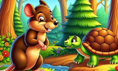 Un rat malin, au pelage brun brillant et aux yeux pétillants d'intelligence, se tient sur une pierre au bord d'un ruisseau. Il sourit malicieusement, prêt à mettre en œuvre un plan astucieux. À ses côtés, une tortue sage, au dos vert et rugueux, l'observe avec bienveillance, ses yeux brillants sous le soleil. La scène se déroule dans une forêt dense, où les arbres créent un abri ombragé et des fleurs colorées parsèment le sol. Le rat, déterminé, explique son plan à la tortue, tandis qu'une belette rusée, cachée derrière un buisson, les épie. La tension est palpable, car le rat s'apprête à déjouer les intentions de la belette.