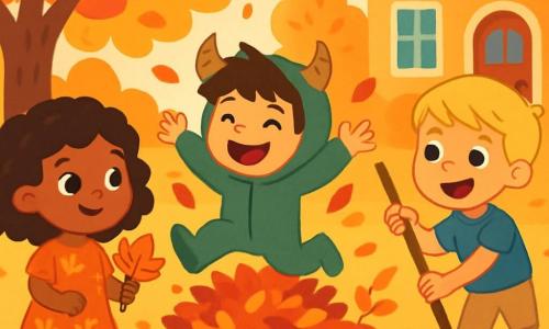 Il y a trois personnages : Mia, une fillette de 7 ans aux cheveux bouclés et aux yeux pétillants, portant une robe orange avec des motifs de feuilles et tenant une feuille dorée ; Lucas, un garçon de 6 ans avec un sourire contagieux et des cheveux bruns en bataille, déguisé en petit monstre avec un costume vert et des cornes en papier, sautant sur un tas de feuilles ; et Sam, un garçon de 8 ans aux cheveux blonds avec une prothèse à la jambe, portant un t-shirt bleu et un pantalon beige, ramassant des feuilles avec un râteau. L'action se déroule dans un jardin d'automne coloré, avec des arbres aux feuilles éclatantes et un sol recouvert de feuilles croustillantes. Les enfants rient et s'amusent en préparant le jardin pour l'hiver, créant une ambiance joyeuse et festive.