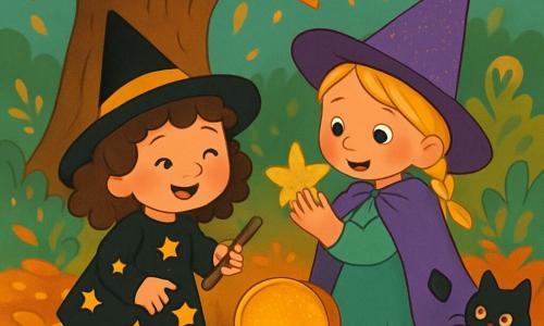 Il y a deux personnages principaux : Léa, une fille de 4 ans aux cheveux bruns bouclés, portant une robe de sorcière noire avec des étoiles dorées et un chapeau pointu, souriant joyeusement avec un petit balai en carton ; et Noor, une fille de 4 ans aux cheveux blonds tressés, vêtue d'une cape de sorcière trouée et d'un chapeau brillant, émerveillée par une étoile en tissu trouvée. Elles se tiennent dans un jardin magique sous un châtaignier aux feuilles dorées, sur un sol recouvert de feuilles d'automne colorées, avec une petite lumière clignotante créant une ambiance chaleureuse. Elles découvrent une boîte ronde et brillante enfouie dans la terre, entourées de petites ombres dansantes et d'un chat noir curieux. Elles sont fascinées par le trésor rempli de bracelets colorés et d'une étoile douce, tandis qu'un petit fantôme en papier flotte joyeusement à proximité.
