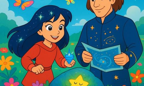 Mira, une jeune femme aux cheveux scintillants et aux yeux déterminés, tient une toupie bleue étincelante. Elle est prête à réveiller une étoile endormie. Toren, un homme d'une trentaine d'années avec un manteau orné de cartes stellaires, se tient à ses côtés avec un sourire rassurant et un plan galactique. Ils sont dans le jardin des échos, un espace entre deux lunes, rempli de fleurs colorées qui transforment les sons en couleurs. Au centre, une pierre couverte de mousse bleue abrite une petite étoile endormie. La scène montre Mira et Toren unissant leurs forces pour réveiller l'étoile, entourés de papillons lumineux et de couleurs éclatantes.