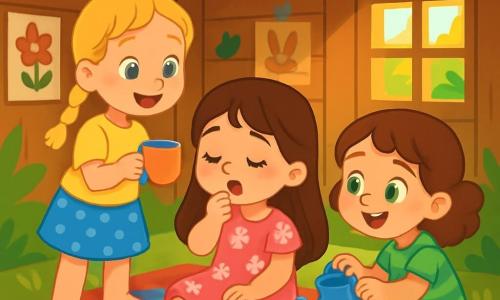 Trois personnages sont présents : Lina, une petite fille de 4 ans avec de longs cheveux bruns, une robe rose et un sourire malgré une légère toux ; Zoé, également âgée de 4 ans, avec des cheveux blonds tressés, un t-shirt jaune et une jupe à pois, qui tient une tasse en plastique ; et Mia, avec des cheveux châtains bouclés, une robe verte à rayures, qui fait semblant de servir du thé. L'action se déroule dans une cabane en bois entourée de verdure, avec une ambiance chaleureuse grâce à des rayons de soleil et des décorations murales. Les trois amies jouent à la dînette, partageant rires et réconfort, transformant leur goûter en un moment joyeux.