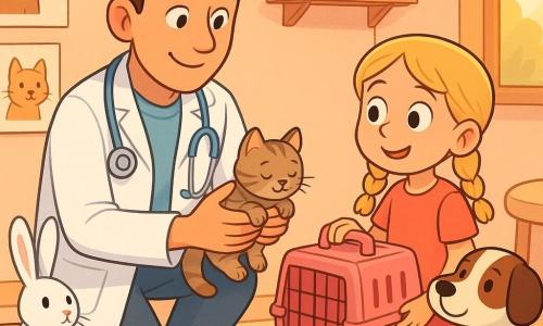Un vétérinaire d’environ 30 ans, cheveux châtains courts, visage doux et souriant, en blouse blanche avec un stéthoscope bleu, est agenouillé et tient tendrement un petit chaton rayé ; à sa droite Emma, 6 ans, cheveux blonds en deux nattes, yeux passés de l’inquiétude au soulagement, tient une petite cage rose ouverte en regardant avec admiration ; à gauche un lapin blanc aux longues oreilles observe depuis un panier en osier et un chien tacheté est assis derrière la fillette. La scène se déroule dans une petite clinique lumineuse et chaleureuse (murs pêche avec affiches d’animaux, étagères en bois avec plantes et bocaux, table d’examen ronde, tapis à motifs de pattes), lumière douce de fin d’après‑midi ; le vétérinaire soigne et cajole le chaton, ambiance calme, affectueuse et rassurante, style visuel pastel, contours nets et expressions exagérées pour les enfants.