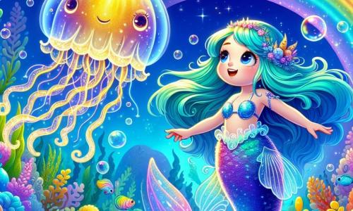 Au centre de l'image, une petite sirène nommée Luna, avec de longs cheveux turquoise et une nageoire scintillante en dégradé de bleu et violet, nage avec un grand sourire émerveillé. Ses yeux brillent d'excitation alors qu'elle découvre un royaume sous-marin magique. À côté d'elle, une méduse dorée, translucide, avec des tentacules délicats, exprime une sagesse bienveillante et semble encourager Luna. En arrière-plan, un jardin d'algues multicolores s'étend, où des poissons arc-en-ciel nagent joyeusement. Des bulles d'air s'élèvent doucement, ajoutant une touche de magie. Luna s'approche d'une grande porte de corail, ornée d'algues brillantes, avec un regard déterminé, prête à entrer dans un monde mystérieux.