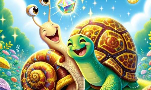 Un escargot nommé Léo, avec une coquille brillante et des antennes dressées, exprime sa joie en glissant sur un tapis de mousse verte. À ses côtés, une tortue nommée Tilly, avec une carapace dorée et un visage doux, sourit en tenant une pierre magique scintillante. La scène se déroule dans une clairière enchantée, remplie de fleurs colorées et sous un ciel bleu. Des papillons volent autour d'eux, ajoutant de la magie à l'atmosphère. Léo et Tilly célèbrent la retrouvaille de la pierre magique, symbolisant l'amitié et l'entraide dans leur forêt.