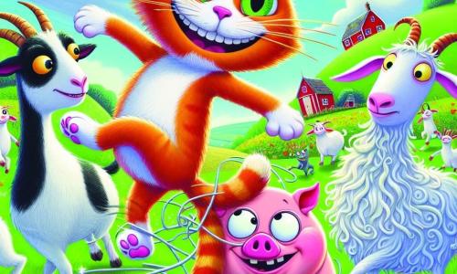 Max, le chat orange, danse maladroitement dans un champ verdoyant, tandis que Gaby, la chèvre blanche, saute avec enthousiasme et Léo, le cochon rose, tourne sur lui-même, tous affichant des expressions de joie. En arrière-plan, une ferme colorée se dresse sous un ciel bleu, entourée de fleurs sauvages. La scène illustre un moment joyeux lors du Grand Concours de la Ferme, avec des animaux curieux qui les encouragent.