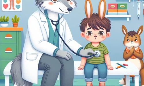 Le docteur Loup est un homme-loup souriant avec un pelage gris et des yeux doux. Il porte une blouse blanche et un stéthoscope, tenant la main d'un petit lapin malade avec une expression rassurante. Petit Lapin, un garçon d'environ 5 ans avec des oreilles de lapin, est assis sur une table d'examen, regardant le docteur avec espoir. Maman Lapin, une femme lapin au pelage brun, se tient à côté de lui, montrant une légère inquiétude mais aussi confiance envers le docteur. La scène se déroule dans une clinique animalière colorée, avec des posters de santé, des jouets et des plantes. Le docteur Loup écoute le cœur de Petit Lapin tandis que Maman Lapin observe, espérant que son petit se sentira mieux bientôt.