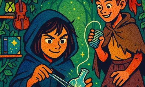 Mina, jeune sorcière d'environ 12 ans aux yeux bruns et cheveux en bataille, capuche sombre, concentrée et légèrement souriante, tient une fiole de verre fissurée dans une main et une pince bec-de-corbin dans l'autre pendant qu'elle applique un fil d'argent lumineux sur la fissure ; Sacha, alliée inattendue d'environ 14 ans aux cheveux roux noués et cape courte boueuse, se tient à droite, tenant une bobine de fil d'argent, prête à aider ; l'atelier est une salle ronde sculptée dans des haies avec un plafond de branches entrelacées, table de pierre centrale et étagères de lianes chargées d'objets usés, éclairage vert diffus et étincelles flottantes ; la scène montre la réparation délicate : le fil d'argent brille et se fond dans le verre, la fissure devient une cicatrice argentée, ambiance de magie pratique, couleurs vives, contrastes nets et textures marquées.