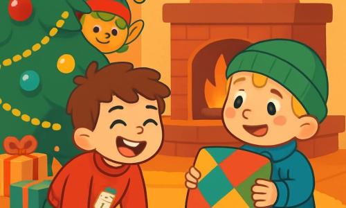 Il y a trois personnages : Tom, un garçon de 6 ans aux cheveux bruns en bataille et aux yeux malicieux, portant un pull rouge avec un bonhomme de neige, accroupi près du sapin en riant ; Léon, un garçon de 5 ans aux cheveux blonds et aux taches de rousseur, avec un bonnet vert et un manteau bleu, assis sur le tapis avec un coussin coloré ; et le Lutin Farceur, un petit lutin aux cheveux verts et à la peau dorée, vêtu d'un costume rouge et vert, caché derrière le sapin avec un sourire malicieux. La scène se déroule dans une salle de séjour chaleureuse, décorée pour Noël avec un grand sapin scintillant, des cadeaux colorés, des lumières clignotantes, un tapis moelleux et une cheminée en briques. Tom et Léon rient en cherchant des surprises cachées par le Lutin Farceur.
