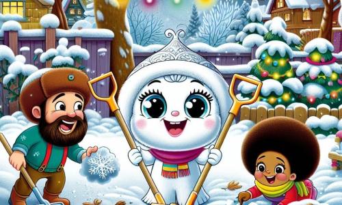 Mistral, la pelle magique, est un personnage joyeux avec des yeux pétillants et un sourire éclatant, se tenant au centre d'un jardin enneigé, en train de dégager la neige avec enthousiasme. À côté d'elle, Papa, un homme souriant avec une barbe brune et un bonnet rouge, rit en poussant la neige avec une grande pelle, tandis que Maman, une femme chaleureuse aux cheveux châtains et au foulard coloré, ramasse des feuilles cachées sous la neige, affichant un sourire fier. Le jardin est rempli de flocons de neige scintillants, de grands arbres chargés de neige et d'une petite maison en bois avec des lumières colorées brillantes. La scène montre Mistral et sa famille préparant leur jardin pour l'hiver, créant un chemin dans la neige tout en riant et en s'amusant ensemble.