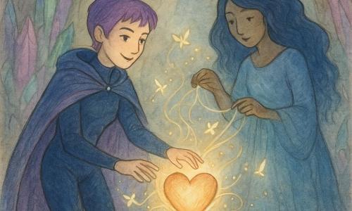 Stella Volt, déterminée et douce, sourit calmement : elle porte une combinaison bleu nuit brillante, bottes étincelantes, cape irisée et cheveux violets courts, une main sur un Cœur-Lumière posé sur un socle d'où ses doigts envoient un rayon chaud; Ombrelune, silhouette fluide bleu-ombre et visage timide, se tient derrière pour démêler des fils scintillants autour du cœur pendant que de petits papillons d'étoiles dorés et blancs voltigent; la scène, dans une caverne tapissée de cristaux violacés et verts avec stalactites fines et sol de pierre parsemé de fleurs phosphorescentes, montre la réparation du Cœur-Lumière : fils emmêlés, étincelles douces et vagues de lumière projetant des silhouettes joyeuses sur les parois.