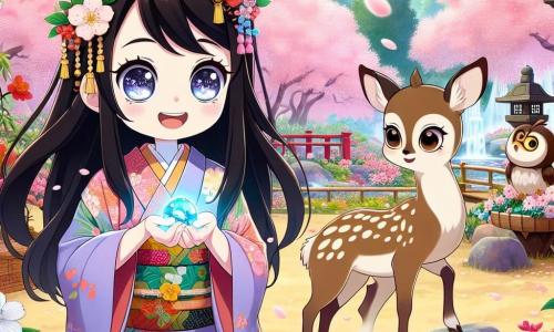 Yuki, une fille de 10 ans, se trouve dans un jardin enchanté, ses cheveux noirs flottant au vent. Elle a des yeux brillants et un sourire émerveillé, tenant une petite pierre bleue scintillante. Vêtue d'un kimono coloré avec des motifs floraux, elle exprime curiosité et joie. À ses côtés, un jeune cerf timide s'approche, tandis qu'un hibou sage l'observe depuis une branche. Le jardin est magique, avec des cerisiers en fleurs, une fontaine murmurante et des lanternes illuminées. Yuki découvre la magie de la pierre bleue, prête à aider les animaux, avec un regard déterminé et bienveillant.