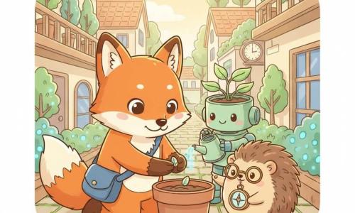 Renard roux anthropomorphe au pelage orange vif et ventre crème, sac bleu en bandoulière, sourire doux, agenouillé pour planter une petite graine lumineuse dans un pot en terre ; Hérisson Émile, petit et rond aux piquants beige, lunettes rondes, tenant une boussole pointée vers la graine, debout à côté du renard ; Lili, robot-plante pastel vert dont le pot fait office de corps et porte des feuilles délicates, arrosoir transparent dans une main mécanique, arrosant doucement depuis l’arrière ; décor : ruelle végétale du Quartier des Jardins d’Avenir avec toits-jardins fleuris, balcons à mini-arbres, plantes phosphorescentes bleu-vert le long d’un chemin pavé de mousses et une vieille horloge aux aiguilles tournant à l’envers au loin ; moment tendre et décidé, lumière dorée douce, couleurs pastel nettes, composition centrée, atmosphère paisible et optimiste, traits simples, formes rondes et textures douces pour un rendu kawaii minimal.
