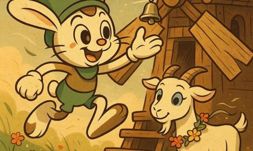 Lutin, petit lapin au pelage crème tacheté de brun, grands yeux noisette et moustaches fines, visage lumineux, saute sur une marche du vieux moulin pour attraper une clochette argentée suspendue à une pale. Derrière lui, Guimauve, chèvre au pelage crème, cornes courtes et yeux bleu clair, pose une patte sur une pierre, sourire encourageant, son collier de fleurs sauvages flottant au vent. Le Champ des Souffles : hautes herbes ondulantes, fleurs colorées, poussière dorée et un vieux moulin en bois aux pales usées; un vent joueur soulève brins d'herbe et pétales, les pales tournent lentement, la clochette capte un rai de soleil. Atmosphère joyeuse et héroïque, couleurs chaudes, contrastes nets, traits ronds, textures simples et lignes souples dans un style rubber hose.