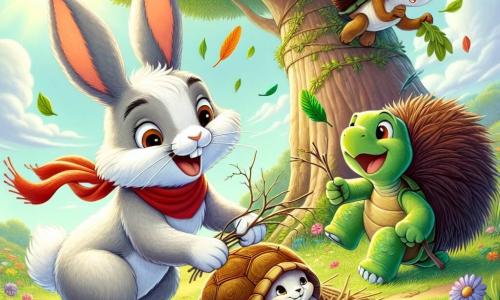 Un petit lapin nommé Léon, aux grandes oreilles et au pelage blanc, saute de joie avec un sourire. Il porte un foulard rouge et tient des brindilles. À côté de lui, Clara la tortue, avec sa carapace verte et ses yeux curieux, sourit en tenant une feuille colorée. Sam le hérisson, avec ses piquants bruns et son air déterminé, cherche des plumes tout en regardant ses amis avec enthousiasme. La scène se déroule sous un grand arbre, entouré de fleurs multicolores et d'herbe verte, où les rayons du soleil créent une ambiance joyeuse. Les trois amis construisent un nid pour les oiseaux, unissant leurs forces et leurs sourires, illustrant la magie de l’amitié.
