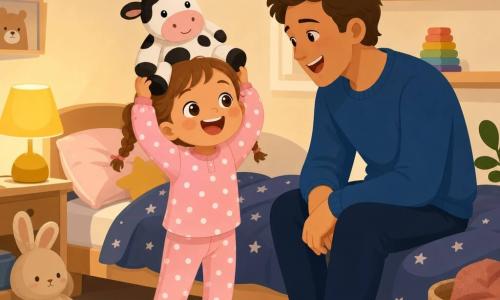 Une fillette de 2 ans, malicieuse et souriante, cheveux châtain clair en deux nattes, en pyjama rose à pois, rit en tenant une petite vache en peluche blanche et noire posée sur sa tête; son père d'environ 30 ans, aux cheveux bruns et en pull bleu, est assis au bord du lit à droite, souriant et chantant; la chambre petite et chaleureuse (murs crème, tapis moutarde rond, lit bas avec couette étoilée, lampe jaune allumée et étagère de livres) crée une ambiance douce et tendre avant le dodo.