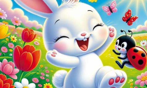 Petit Lapin, un lapin blanc aux grandes oreilles et aux yeux pétillants, saute joyeusement dans un champ de fleurs colorées, souriant et s'amusant. À côté de lui, Coccinelle, une coccinelle rouge à pois noirs, est perchée sur une fleur, battant des ailes en riant. Le champ printanier est rempli de tulipes roses, marguerites blanches et jonquilles jaunes, sous un ciel bleu parsemé de nuages. Ensemble, Petit Lapin et Coccinelle célèbrent la beauté du printemps et la joie de l'amitié.