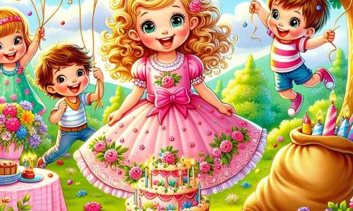 Léa, une petite fille de 4 ans aux boucles blondes et aux yeux pétillants, se tient au centre d'un jardin coloré pour son anniversaire, entourée de ses amis et de ballons flottants. Elle porte une robe rose à motifs floraux et sourit de bonheur. À sa droite, Emma, également âgée de 4 ans, saute de joie avec un ballon rouge, tandis qu'à sa gauche, Tom, un garçon de 5 ans, rit en tenant un sac de course. Lucas, un garçon de 4 ans, se cache derrière un arbre, prêt à jouer. Le jardin est orné de fleurs colorées, d'une table avec un gâteau en forme de château et de guirlandes multicolores. Léa souffle les bougies de son gâteau, entourée de rires et de sourires, célébrant une journée joyeuse.